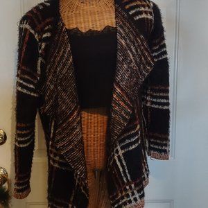 Fuzzy Warm Multicolor Off-White Yellow Orange Black Striped Cardigan Size XL